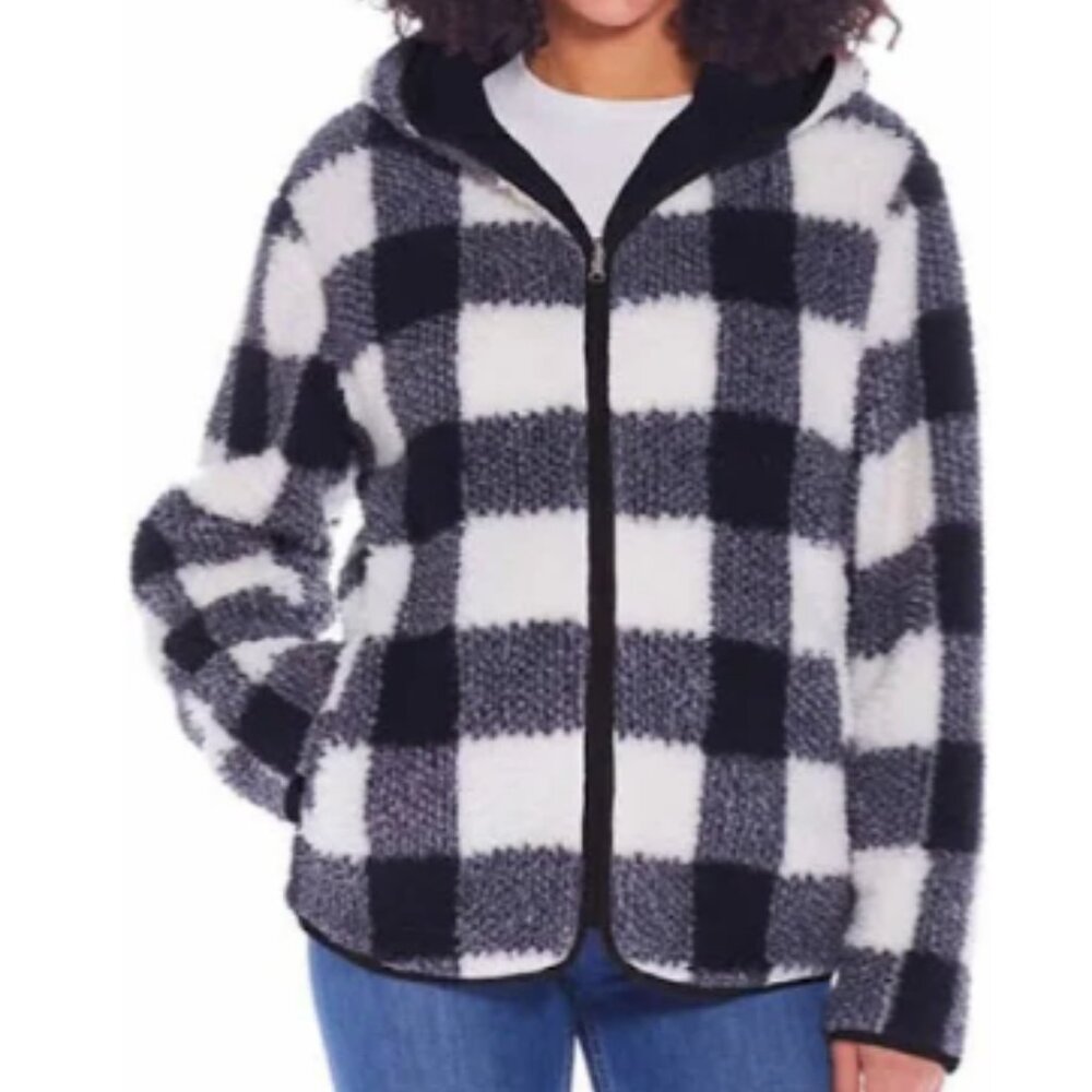NWT Weatherproof Reversible Sherpa Zip Hoodie Black/White Buffalo Plaid Size S